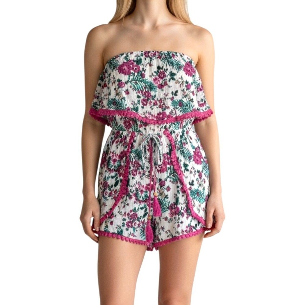 Francesca’s Blue Rain Women's Strapless Romper Tiered Accents Sz S Multi Floral